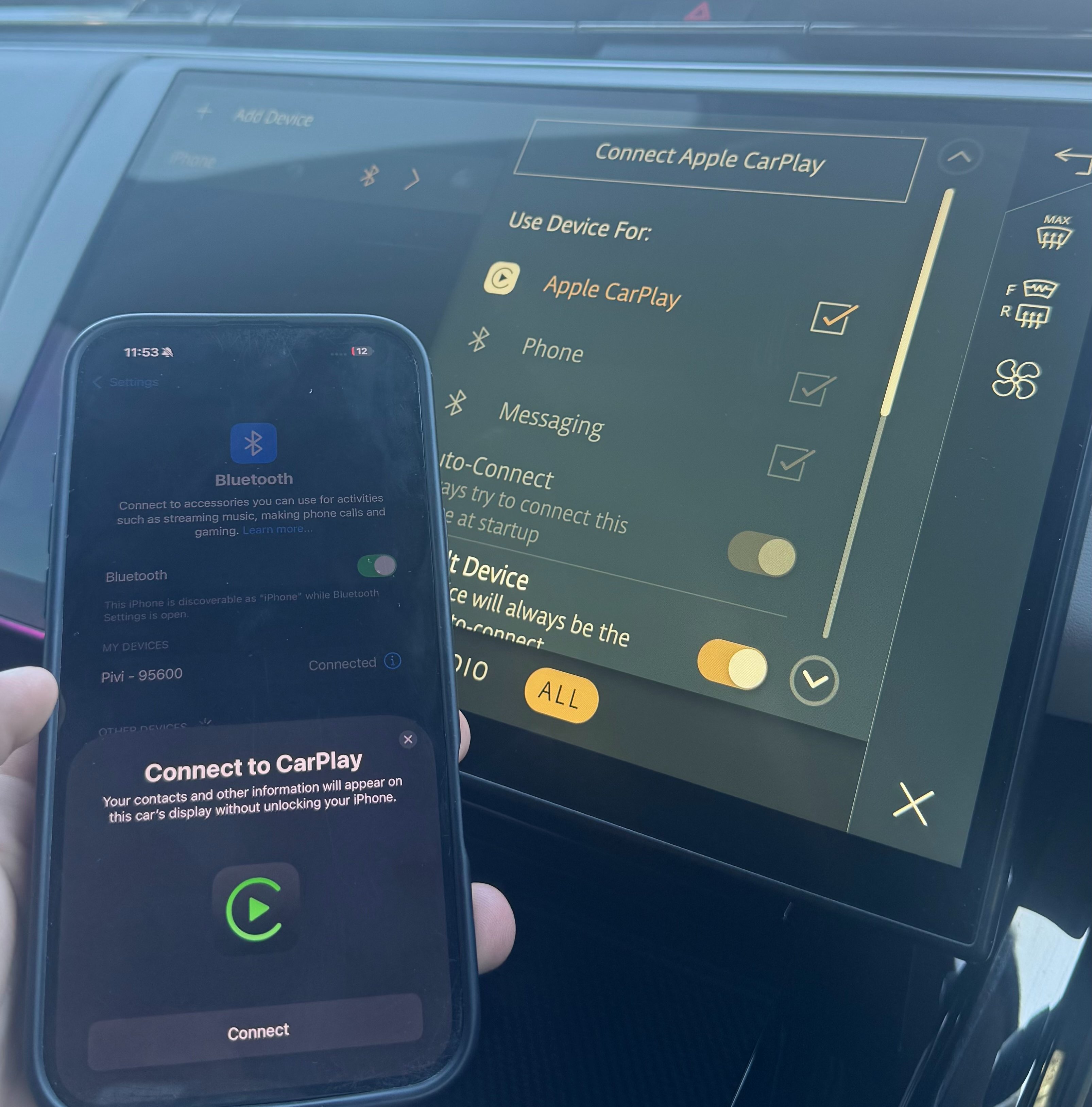 Phone showing CarPlay connection screen next to car display with CarPlay options.