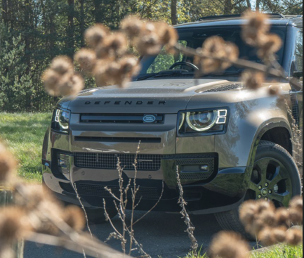 Front view of a brown Land Rover Defender partially obscured by plants.