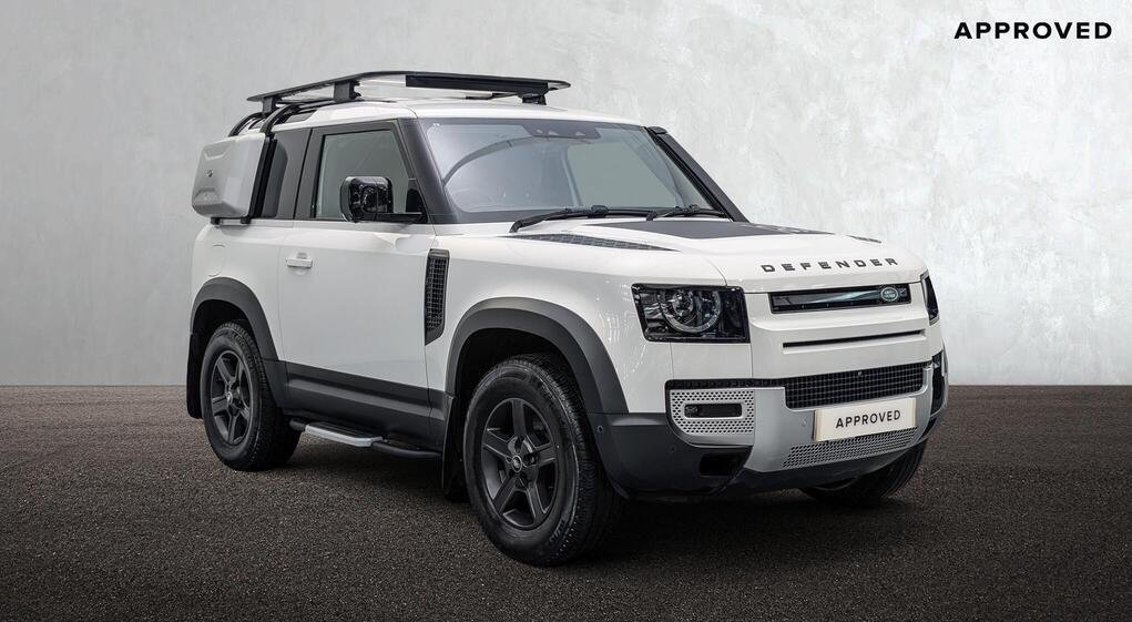 White Land Rover Defender with a roof rack and side storage box.