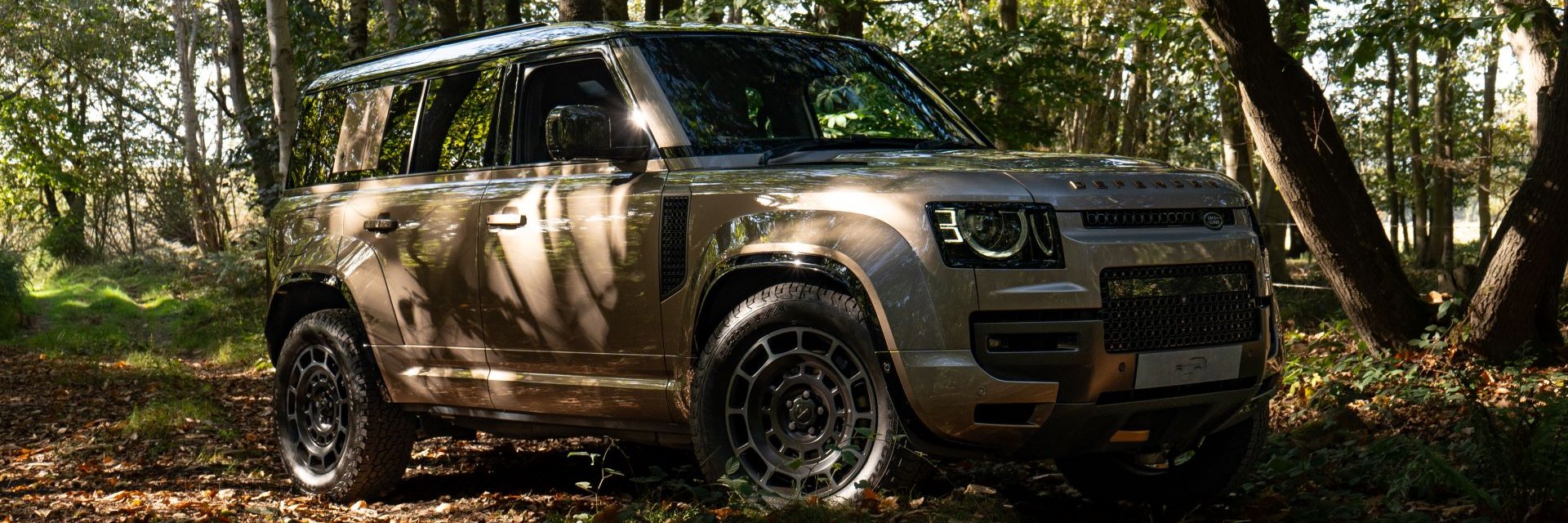 A bronze Land Rover Defender parked among trees in a woodland.