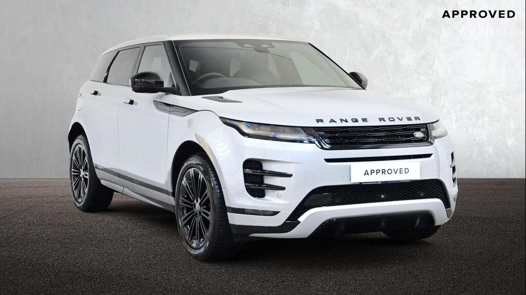 White Range Rover Evoque, front and side view, with Approved badge visible.