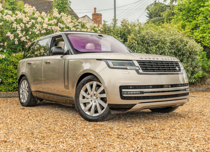 Silver SUV parked on a gravel driveway in front of bushes.