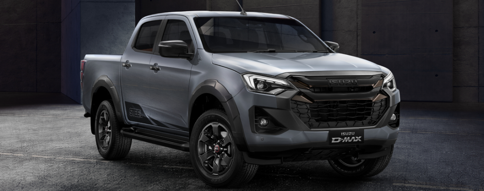 Silver Isuzu D-Max pickup truck shown from a front-side angle.