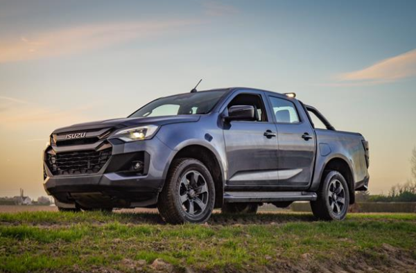 Grey Isuzu pickup truck parked on grass at sunset.