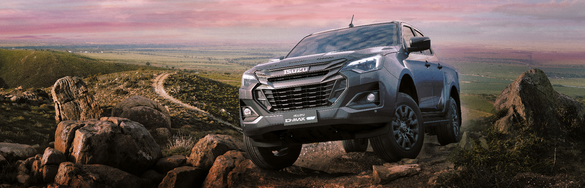 Silver Isuzu D-Max pickup truck parked on grass.