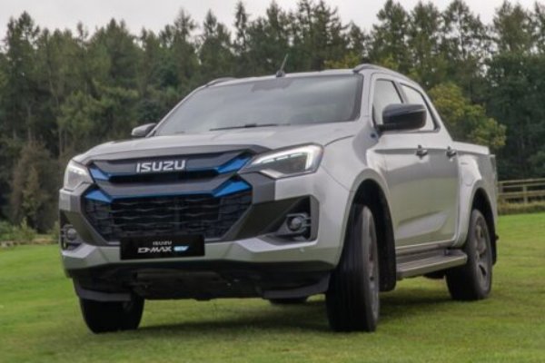 Silver Isuzu D-Max pickup truck parked on grass.