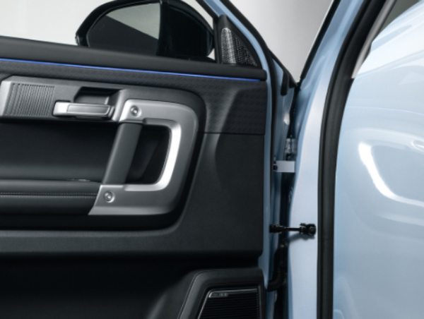 Close-up of a passenger car door with silver handle and visible mirror.