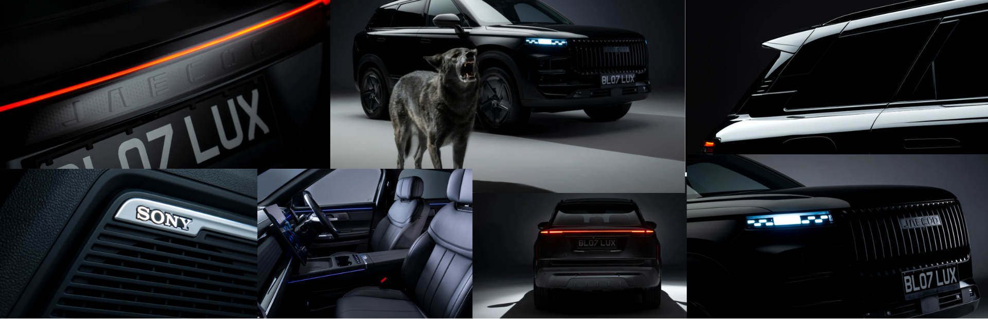 Collage of a black SUV with a wolf, interior details, and Sony speaker close-up.