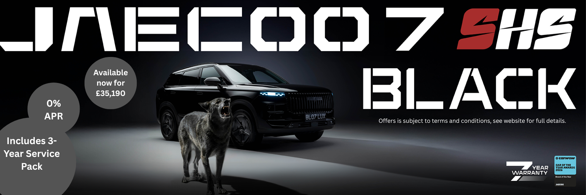 Black SUV with aggressive stance, wolf in front; text shows pricing, service pack, and 0% APR.