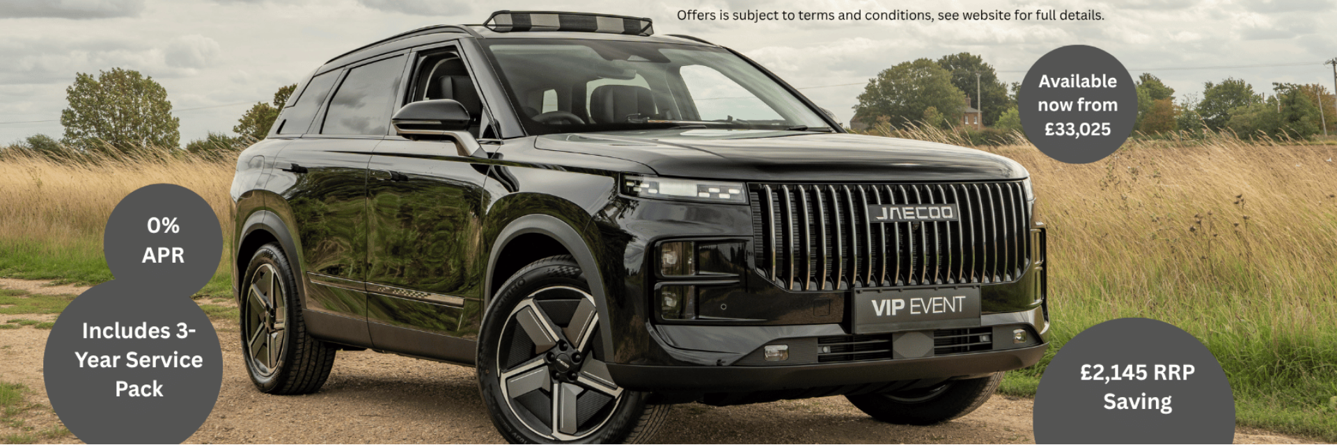 Black SUV parked on a dirt path, promotional offers displayed around.