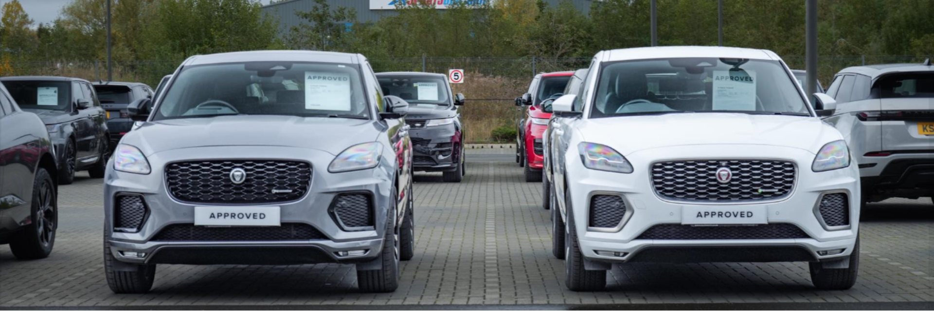 Two SUVs with Approved signs parked in a row, front view.
