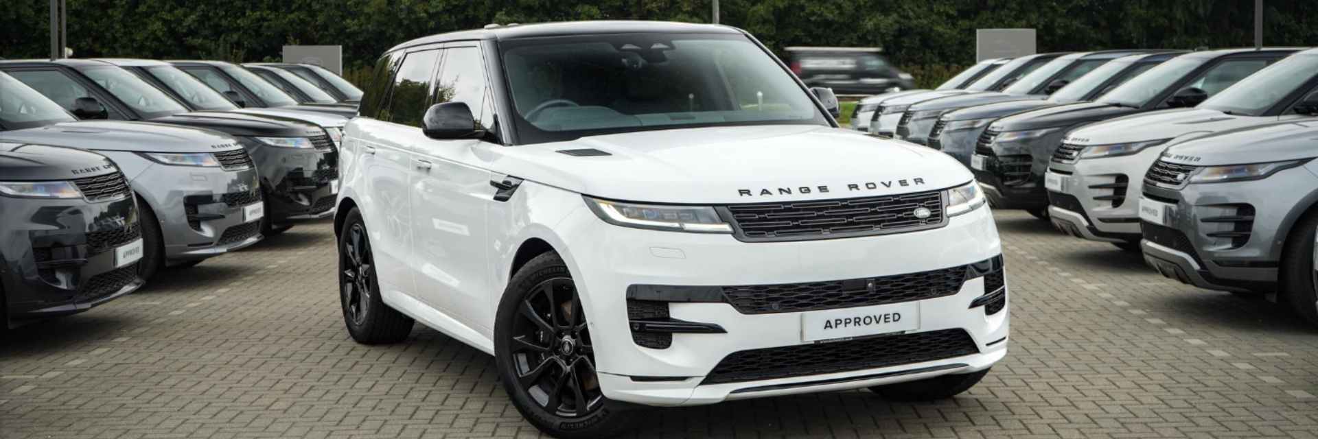 White Range Rover with an Approved plate, parked among similar cars on display.