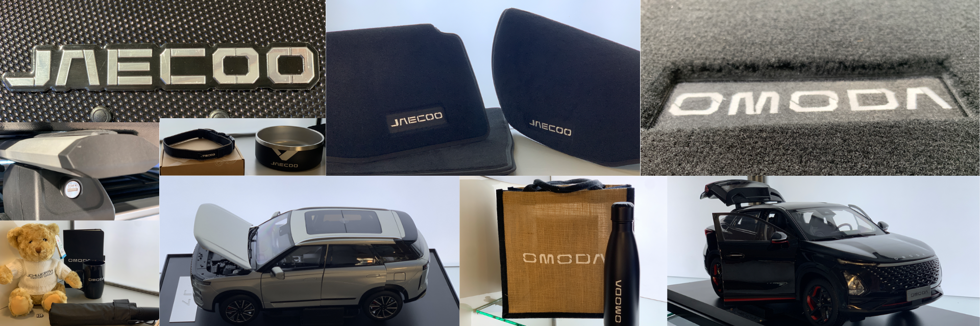 Collage of various Jaecco and Omoda branded car accessories and a teddy bear.