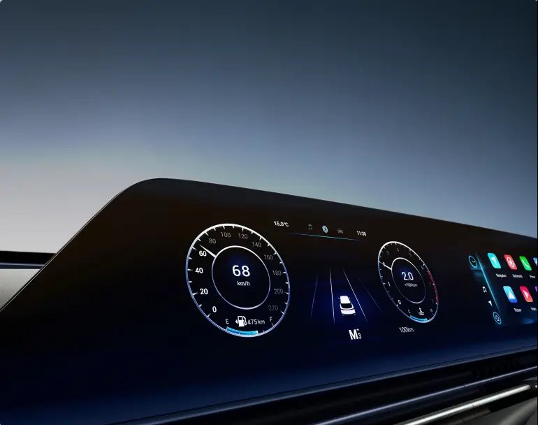 Digital dashboard display in a modern vehicle showing speed and navigation info.