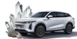 White SUV parked with large crystal formations in the background.