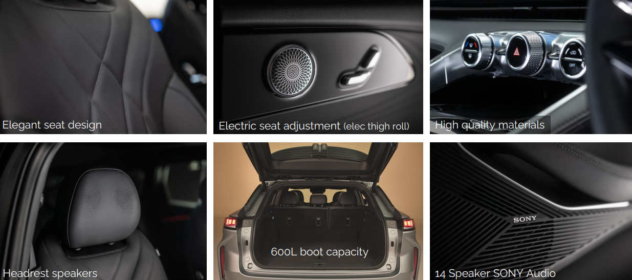Collage of car features: seat design, electric adjustment, boot size, and Sony audio.
