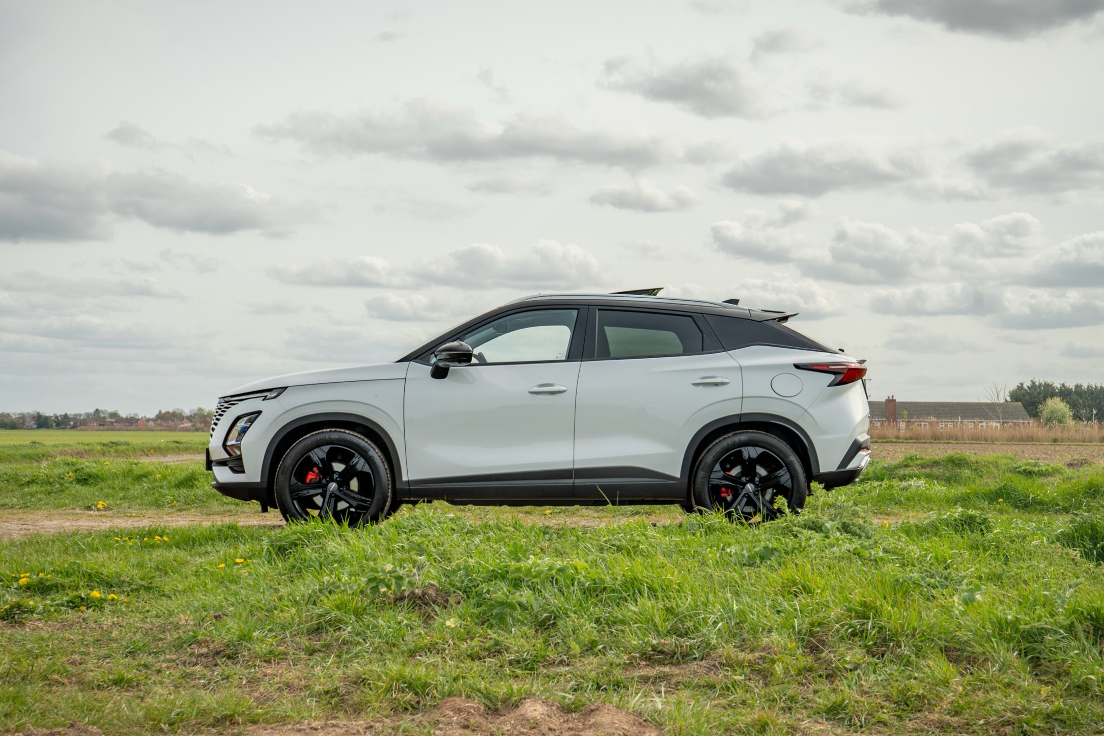 Side view of a grey SUV on grass under a cloudy sky.