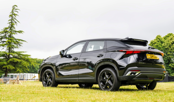 Black SUV parked on grass, view of rear and side with trees in the background.