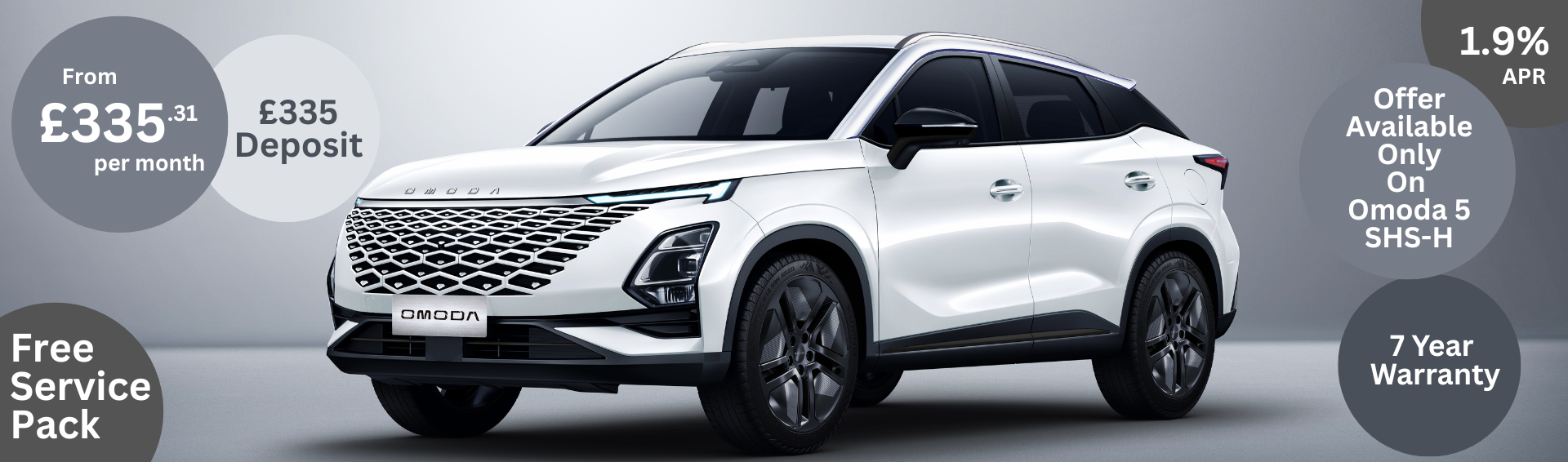 White Omoda 5 SHS-H car with promotional finance details in surrounding circles.