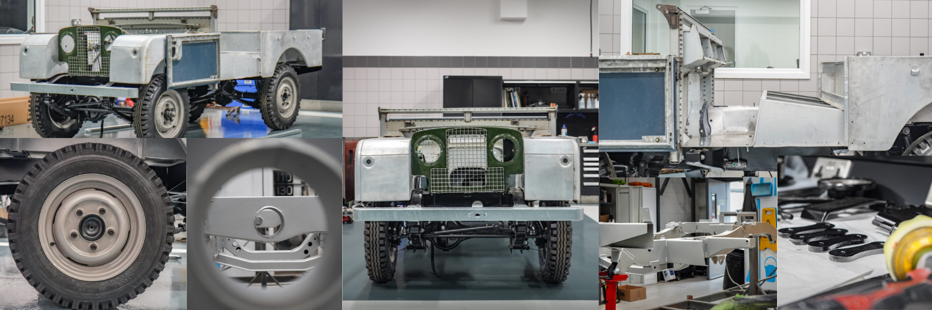 Collage of a vehicle restoration process showing different mechanical parts and assemblies.
