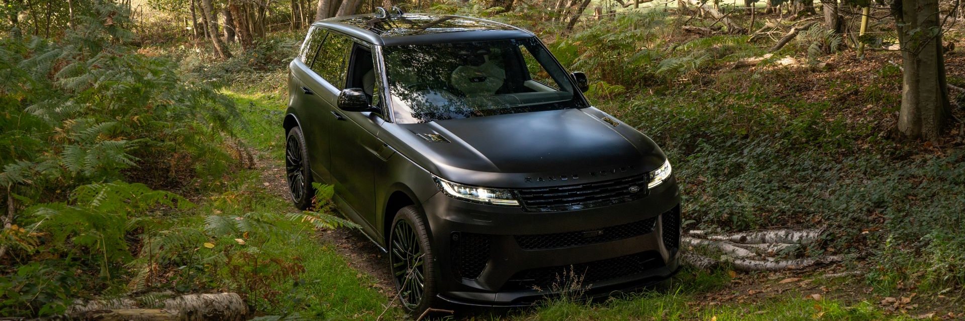 A black Range Rover parked on a woodland track among trees and ferns.